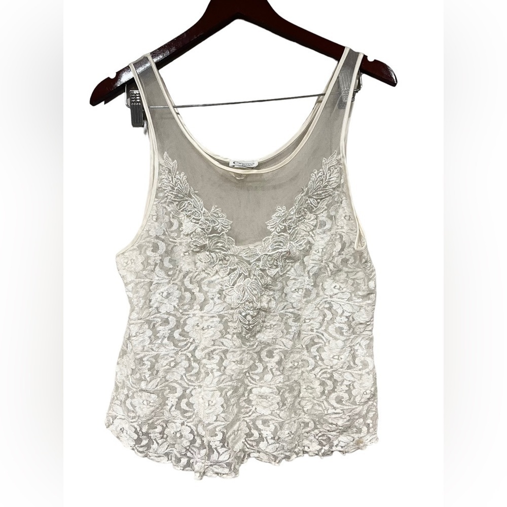 Vintage Cinema Etoile Size Large Sheer Lace Sequin Detailing Off White Tank 90s